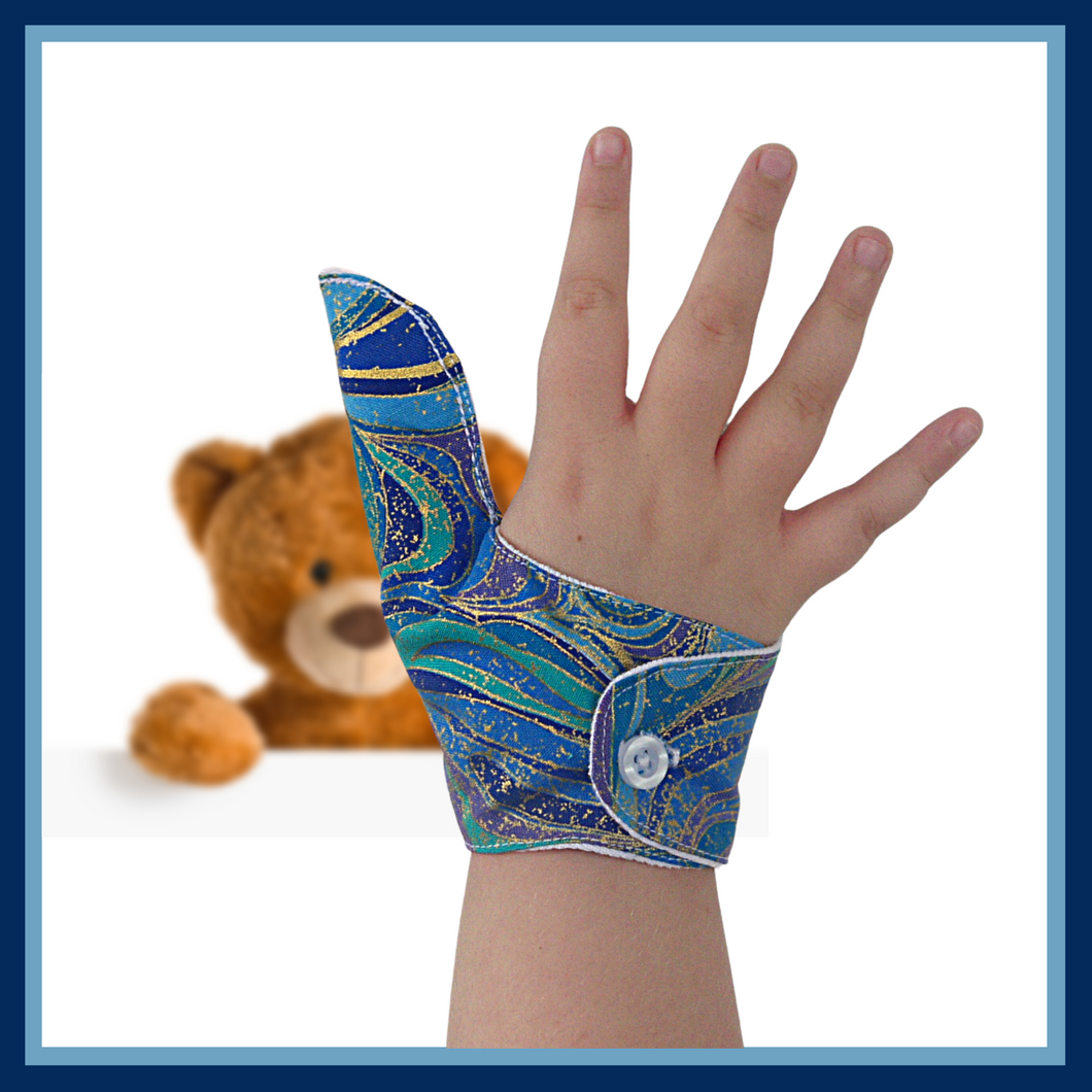 Thumb guard.  A fabric thumb glove to help stop thumb sucking and other habits. Can be pulled off by babies and toddlers