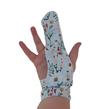 Load image into Gallery viewer, Finger guard for children who want to stop finger sucking.   Blue floral themed fabric
