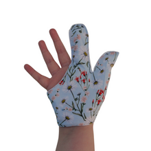 Load image into Gallery viewer, Combined thumb and finger guard for children who want to stop finger sucking.  Blu flower themed fabric
