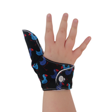 Load image into Gallery viewer, A fabric thumb guard to help break habits such as thumb sucking, nail biting and skin picking, in a Pukeko-themed fabric. The image shows a thumb guard with button fastening. The guard has a moisture-resistant lining.   Made by the Thumb Guard Store.
