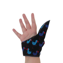 Load image into Gallery viewer, A fabric thumb guard to help break habits such as thumb sucking, nail biting and skin picking, in a Pukeko-themed fabric. The image shows the palm side of the thumb guard. The guard has a moisture-resistant lining.   Made by the Thumb Guard Store.
