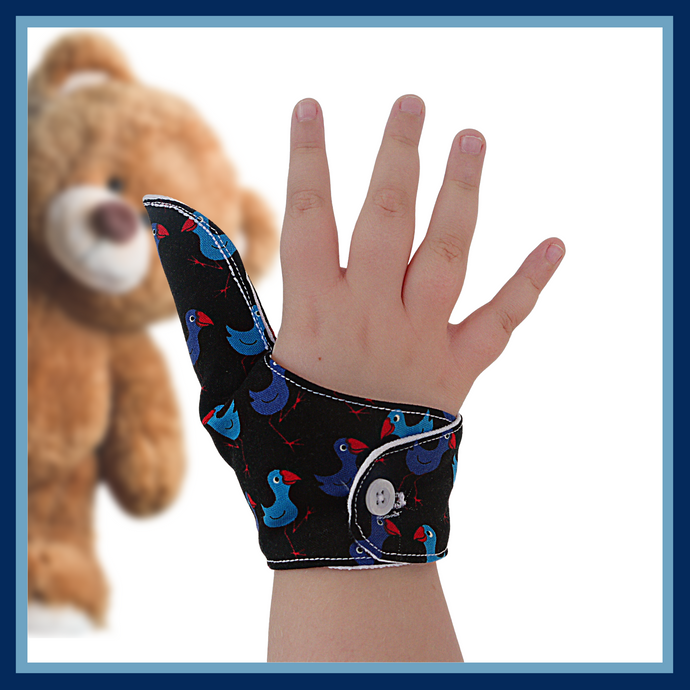 A fabric thumb guard to help break habits such as thumb sucking, nail biting and skin picking, in a Pukeko-themed fabric. The image shows a thumb guard with button fastening. The guard has a moisture-resistant lining.   Made by the Thumb Guard Store.