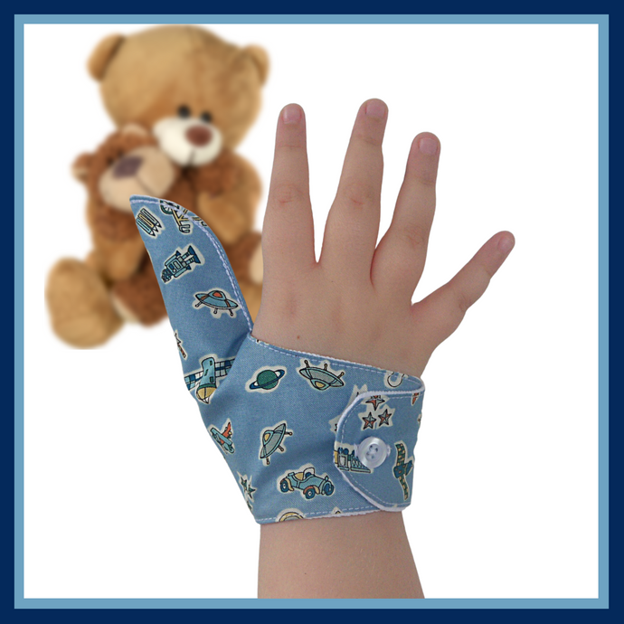 Treasures in the sky-themed thumb guard to help stopped thumb sucking and other habits. A blue guard featuring a variety of things that are seen in the sky. The Thumb Guard Store.
