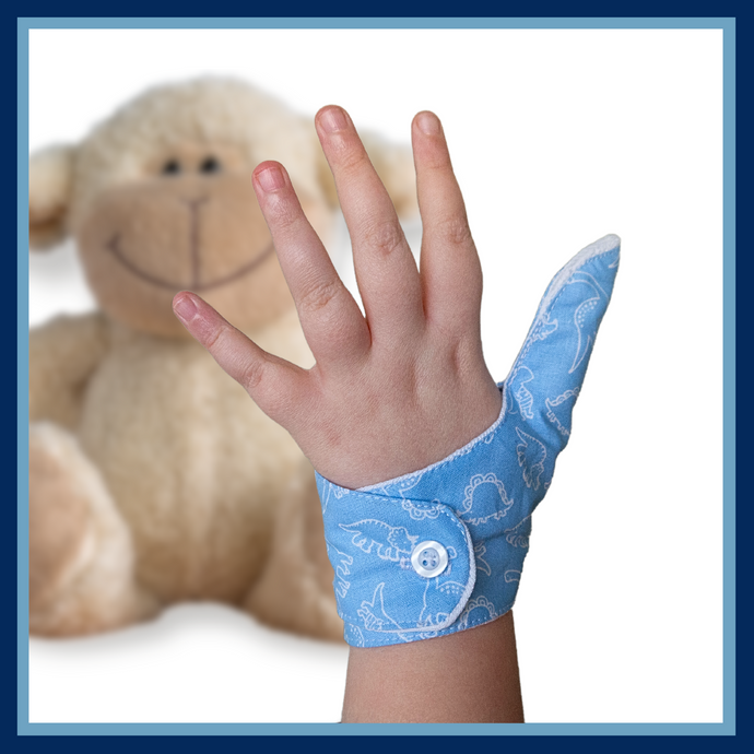 Blue coloured thumb guard with a dinosaur design. Moisture resistant lining, to help stop thumb sucking. Made by The Thumb Guard Store.