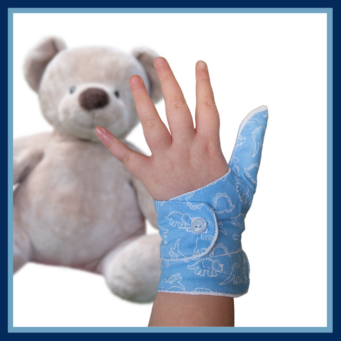 blue coloured cuffed thumb guard with a dinosaur design. Moisture resistant lining, to help stop thumb sucking. Made by The Thumb Guard Store.