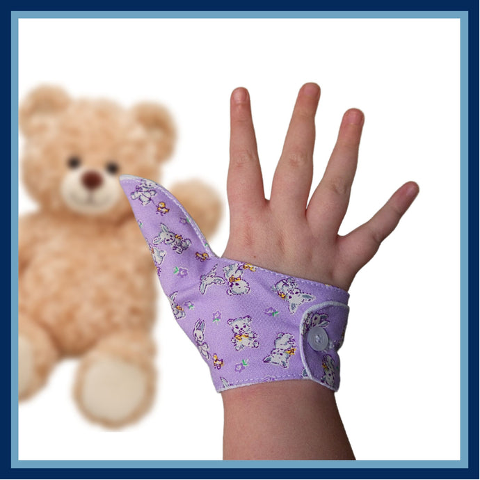 Lavender coloured thumb guard with a bear and bunny design. Product to help stop thumb sucking and other habits. Made by the Thumb Guard Store. Has a moisture resistant lining.