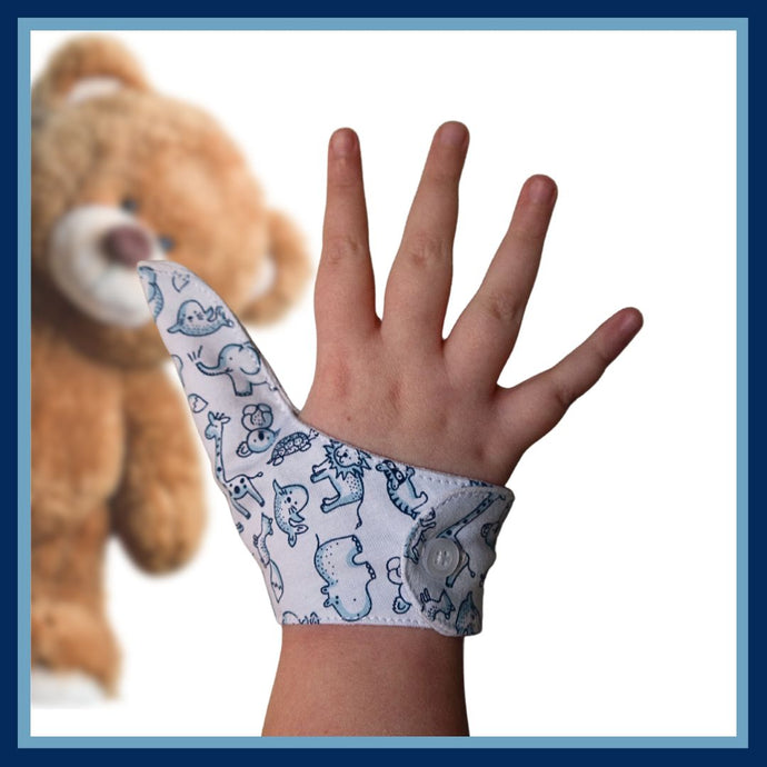 Blue  and white coloured thumb guard with an animal  design. Moisture resistant lining, to help stop thumb sucking. Made by The Thumb Guard Store.