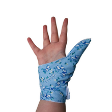 Load image into Gallery viewer, Double cuffed baby and toddler guard in a blue coloured fabric with a lamb design. Guard made by The Thumb Guard Store, to help babies and toddlers stop thumb sucking. Moisture resistant lining. Extra cuff helps prevent pulling off.
