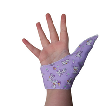 Load image into Gallery viewer, Lavender coloured thumb guard with a bear and bunny design. Product to help stop thumb sucking and other habits. Made by the Thumb Guard Store. Has a moisture resistant lining.
