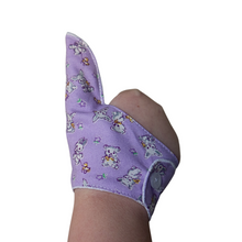 Load image into Gallery viewer, Lavender coloured thumb guard with a bear and bunny design. Product to help stop thumb sucking and other habits. Made by the Thumb Guard Store. Has a moisture resistant lining.
