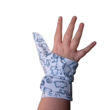 Load image into Gallery viewer, Double cuffed baby and toddler guard in a blue and white coloured fabric with an animal design. Guard made by The Thumb Guard Store, to help babies and toddlers stop thumb sucking. Moisture resistant lining. Extra cuff helps prevent pulling off.
