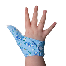 Load image into Gallery viewer, Blue  coloured thumb guard with a lamb design. Moisture resistant lining, to help stop thumb sucking. Made by The Thumb Guard Store.
