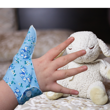 Load image into Gallery viewer, Blue  coloured thumb guard with a lamb design. Moisture resistant lining, to help stop thumb sucking. Made by The Thumb Guard Store.
