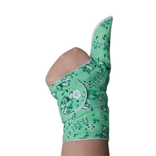 Load image into Gallery viewer, green coloured cuffed thumb guard with a lamb design. Moisture resistant lining, to help stop thumb sucking. Made by The Thumb Guard Store
