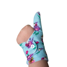 Load image into Gallery viewer, blue coloured cuffed thumb guard with a bugs and bees floral design. Moisture resistant lining, to help stop thumb sucking. Made by The Thumb Guard Store
