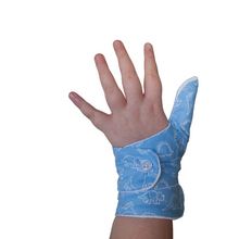 Load image into Gallery viewer, blue coloured cuffed thumb guard with a dinosaur design. Moisture resistant lining, to help stop thumb sucking. Made by The Thumb Guard Store.
