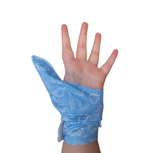 Load image into Gallery viewer, blue coloured cuffed thumb guard with a dinosaur design. Moisture resistant lining, to help stop thumb sucking. Made by The Thumb Guard Store.
