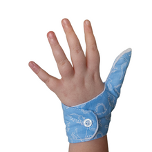 Load image into Gallery viewer, Blue coloured thumb guard with a dinosaur design. Moisture resistant lining, to help stop thumb sucking. Made by The Thumb Guard Store.
