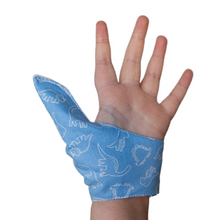 Load image into Gallery viewer, Blue coloured thumb guard with a dinosaur design. Moisture resistant lining, to help stop thumb sucking. Made by The Thumb Guard Store.
