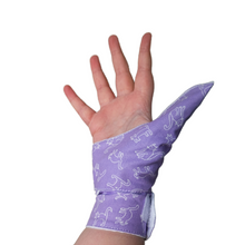 Load image into Gallery viewer, Purple coloured cuffed thumb guard with a cat design. Moisture resistant lining, to help stop thumb sucking. Made by The Thumb Guard Store.
