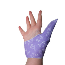 Load image into Gallery viewer, Purple coloured thumb guard with a cat design. Moisture resistant lining, to help stop thumb sucking. Made by The Thumb Guard Store.
