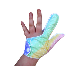 Load image into Gallery viewer, Combined thumb and finger guard for children who want to stop finger sucking.  Rainbow and star themed fabric
