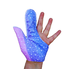 Load image into Gallery viewer, Combined thumb and finger guard for children who want to stop finger sucking.  Rainbow and star themed fabric
