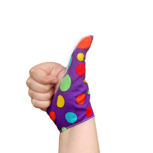 Load image into Gallery viewer, Thumb guard.  A colourful polka dot themed thumb guard to stop thumb sucking habits.
