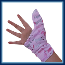 Load image into Gallery viewer, Baby and toddler thumb guard with cuff. Jersey/flannel pink dog fabric
