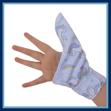 Load image into Gallery viewer, Baby and toddler thumb guard with cuff. Jersey/flannel Unicorn fabric
