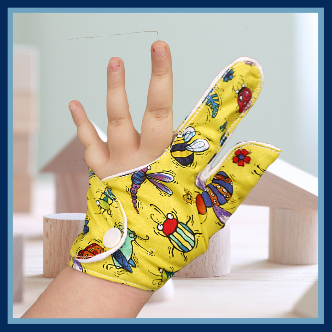 Combined thumb and finger guard for children who want to stop finger sucking. Bug themed fabric