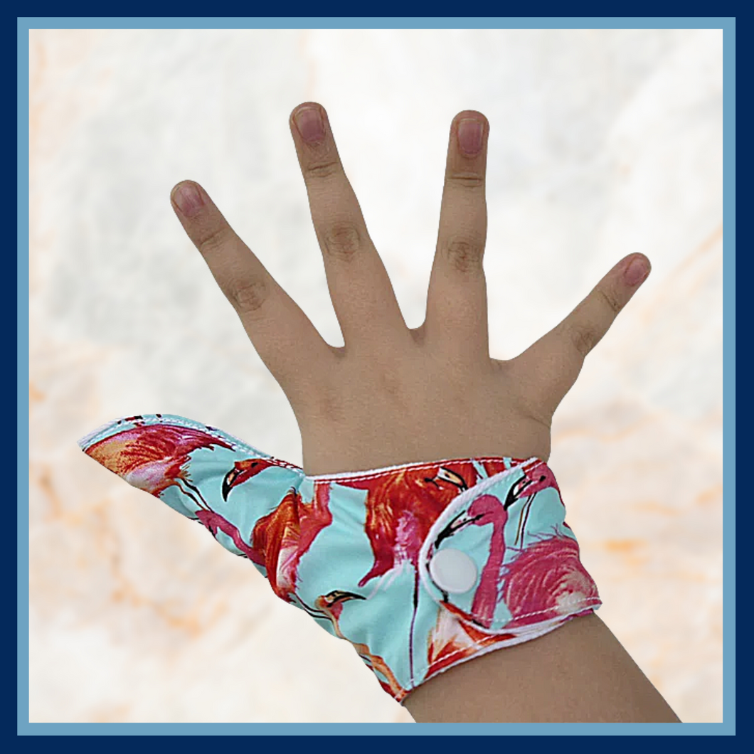 Adult size Thumb Guard. Stop thumb sucking or skin picking. Pink Flamingo patterned fabric