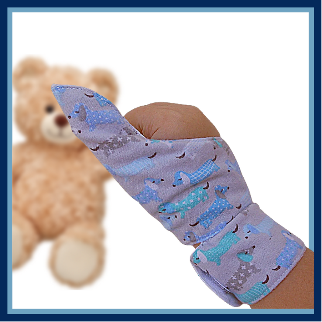 Baby and toddler thumb guard with cuff. Jersey/flannel dog fabric