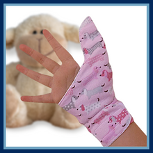 Load image into Gallery viewer, Baby and toddler thumb guard with cuff. Jersey/flannel pink dog fabric
