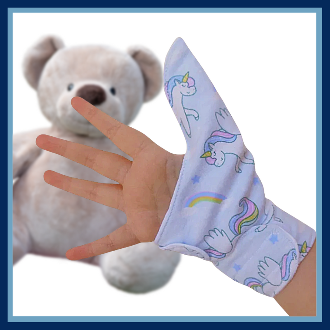 Baby and toddler thumb guard with cuff. Jersey/flannel Unicorn fabric