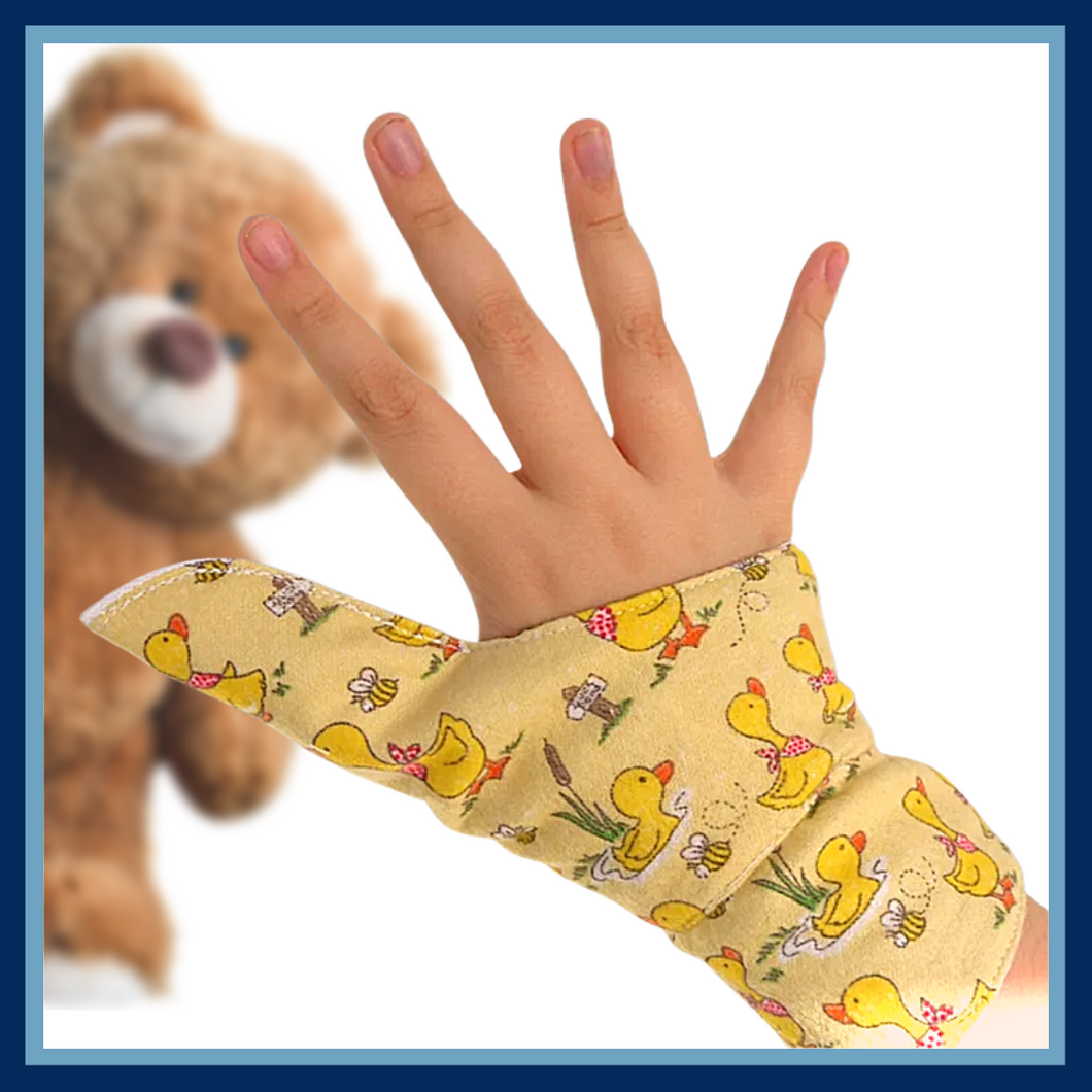 Baby and toddler thumb guard with cuff. Jersey/flannel duck fabric