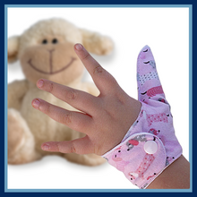 Load image into Gallery viewer, Flannel fabric Thumb Guard, pink dachshund theme. Stop thumb sucking habit.
