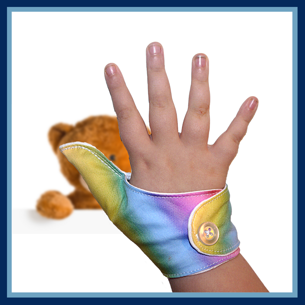 Thumb sucking thumb Guard. Single thumb glove, rainbow themed.