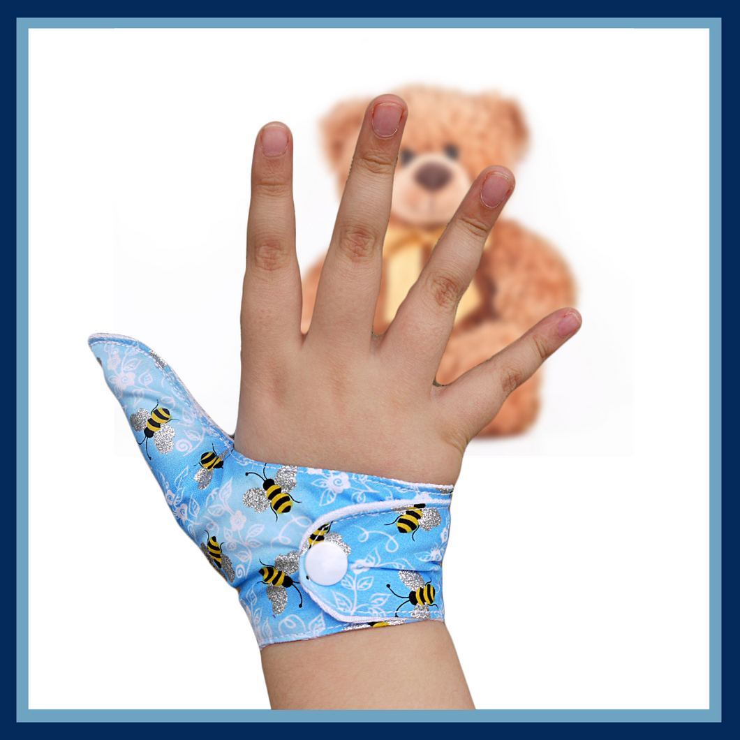 Thumb guard.  Stop thumb sucking thumb glove. Blue bee themed design