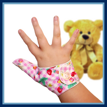 Load image into Gallery viewer, Thumb sucking thumb Guard. Single thumb glove, strawberry and cherry themed.
