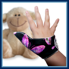 Load image into Gallery viewer, Thumb sucking thumb Guard. Single thumb glove, butterfly themed.
