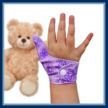 Load image into Gallery viewer, Thumb guard.  Stop thumb sucking thumb glove.  purple bear themed. Animal Thumb Guards Collection
