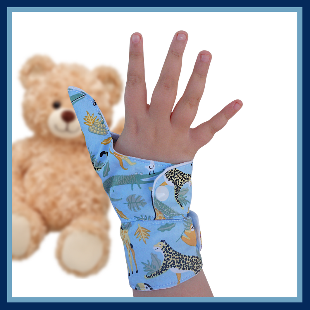Baby and toddler thumb guard with cuff. Wild animal fabric