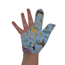 Load image into Gallery viewer, A thumb guard that also covers the index finger to help stop thumb and finger-sucking habits in kids. This thumb and finger guard features colorful jungle animals on a blue background. It has a moisture-resistant lining. The Thumb Guard Store 
