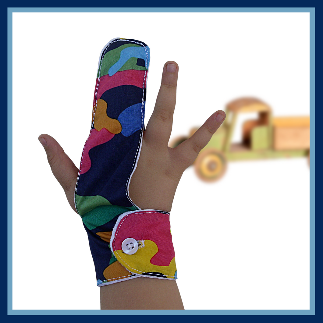 A finger guard to help stop finger sucking habits. Fabric background is blue and features a colourful pattern in blue, orange, pink and green. Has a moisture resistant lining . Made by the Thumb Guard Store