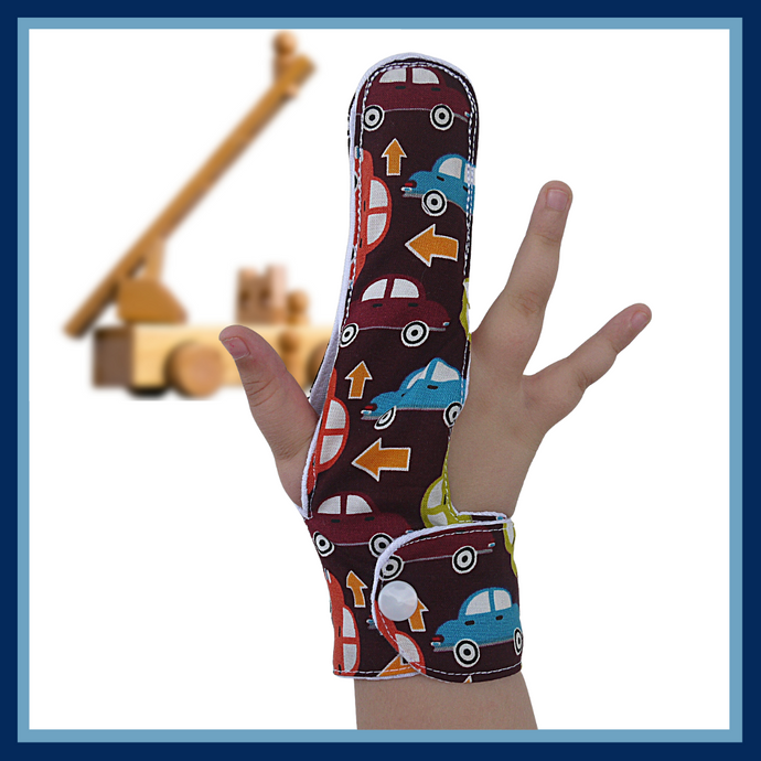 A car themed fabric finger guard with a moisture resistent lining to help children stop finger sucking. Made by The Thumb Guard Store.