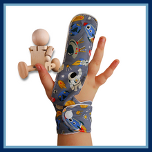 Load image into Gallery viewer, s space themed finger guardwith a moisture resistent lining to help stop finger sucking habits. The Thumb Guard Store
