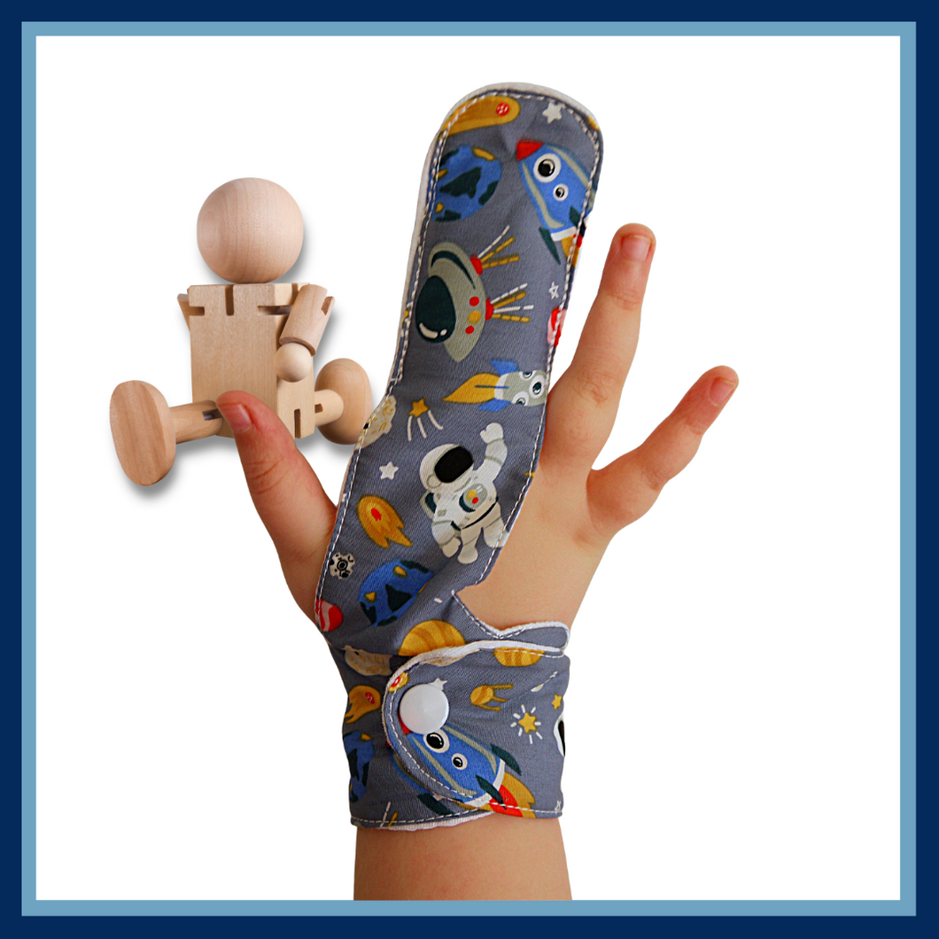 s space themed finger guardwith a moisture resistent lining to help stop finger sucking habits. The Thumb Guard Store