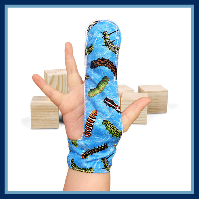 A blue finger guard featuring colourful caterpillars. A Finger covering to help stop habits like finger sucking.  Made by The Thumb Guard Store