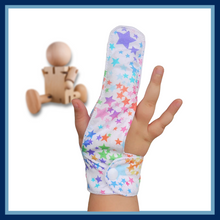 Load image into Gallery viewer, A colourful stars themed finger guard to help stop finger sucking habits. The Thumb Guard Store
